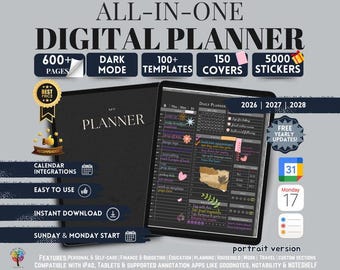 All-in-One Dark Mode Digital Planner (2026-2028), Goodnotes Template