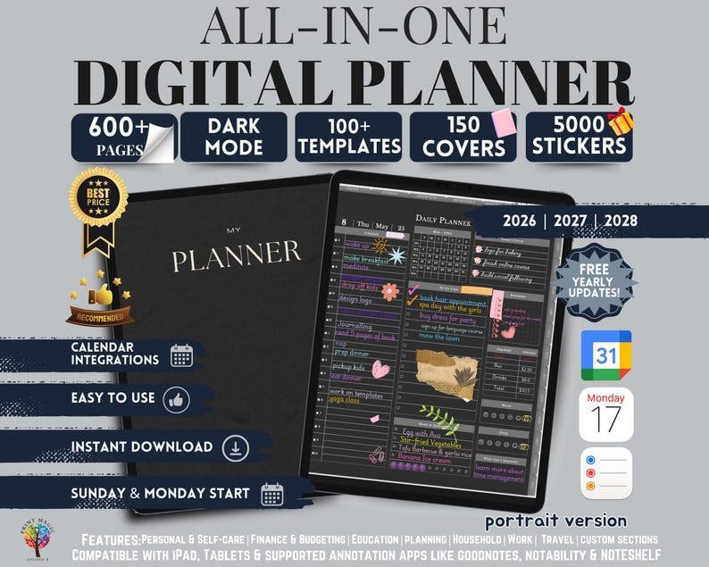 All-in-One Dark Mode Digital Planner (2026-2028), Goodnotes Template image 1