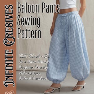 Patrón de costura para principiantes de pantalones globo: pantalones de pierna ancha para mujer, patrón de costura fácil para pantalones de pierna ancha.