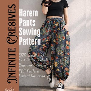 Patrón de costura para pantalones harén, estilo bohemio de yoga (PDF) Pantalones harén para mujer, Patrón de pantalones harén S/M/L/XL/XXL/3XL