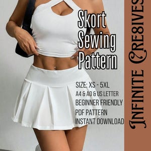 Op de afbeelding: Een wit skort-naaipatroon met de tekst Skort Sewing Pattern, SIZE: XS - 5XL, A4 & A0 & US LETTER, BEGINNER FRIENDLY, PDF PATTERN, INSTANT DOWNLOAD, INFINITE CRE8IVES en BONUS: FREE APRON PATTERN op een bruine achtergrond.