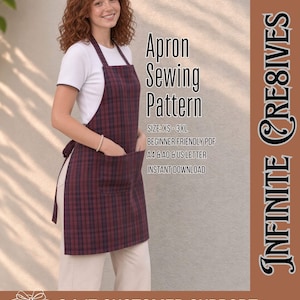 May include: A dark red and navy blue plaid apron with two front pockets. The text reads: Apron Sewing Pattern, SIZE: XS-3XL, BEGINNER FRIENDLY PDF, A4 & A0 & US LETTER, INSTANT DOWNLOAD, INFINITE CRE8IVES, 24/7 CUSTOMER SUPPORT.