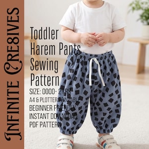 May include: A toddler wearing blue harem pants with a black geometric pattern and a white t-shirt. The pants have a drawstring and are part of a sewing pattern. Text on the image reads "Toddler Harem Pants Sewing Pattern".