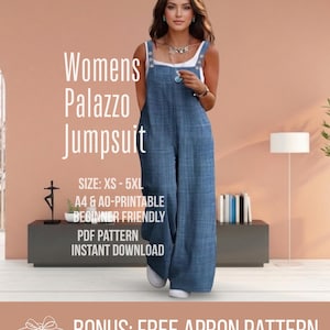 Puede incluir: Patrón de mono palazzo con aspecto de mezclilla, tallas XS-5XL. El patrón es apto para principiantes e incluye un PDF imprimible A4 y AO con descarga instantánea. Bono: Patrón de delantal gratis.