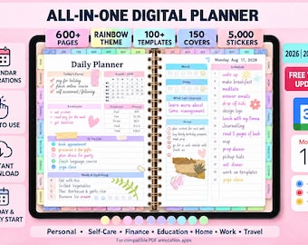 May include: An all-in-one digital planner displayed on a tablet screen, featuring a daily schedule, to-do lists, meal tracking, and budget sections. The interface includes tabs for 600+ pages, 100+ templates, 150 covers, and 5,000 stickers in a rainbow theme.