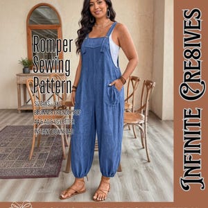 Peut inclure: Une combinaison sans manches bleue avec une encolure carrée, de larges bretelles et des poches latérales. Le texte indique : Romper Sewing Pattern, SIZE: XS-3XL, BEGINNER FRIENDLY PDF, A4 & A0 & US LETTER, INSTANT DOWNLOAD, INFINITE CRE8IVES, BONUS: FREE APRON PATTERN.