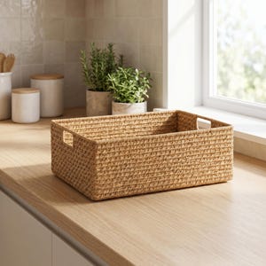 May include: A rectangular woven storage basket made of light brown natural fibers. The basket features a structured, open-top design with integrated cutout handles on the shorter sides, providing a clean and functional look for organizing household items.