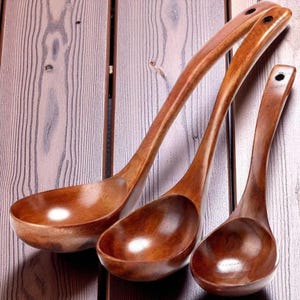 Large Wooden Serving Spoon Ladle | Handmade Natural Wood Soup Ladle | Rustic Cooking Utensil for Kitchen, Restaurant & Porridge Tableware