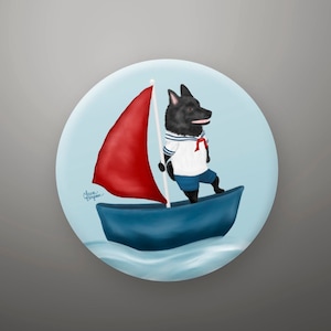 May include: A black dog wearing a sailor shirt and red bow tie is sailing in a blue boat with a red sail. The boat is on a light blue background.