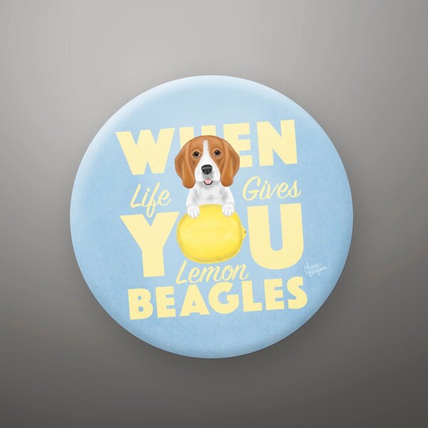 Beagle Fridge Magnet or Button, Dog Birthday Party, Party Favors, Dog Pinback Buttons, Bulk Gifts, Lemon Beagle Gift,