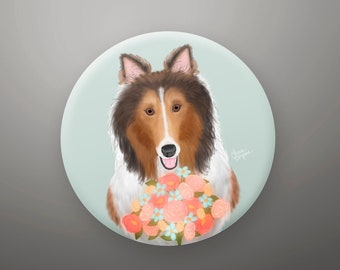 Rough Collie Fridge Magnet or Button, Dog Birthday Party, Party Favors, Dog Pinback Buttons, Bulk Gifts, Dog Lover Gift