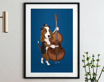 Basset Hound Art Print, music wall art, teacher gift, music room decor, funny dog, by Laura Bergsma