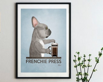 Blue French Bulldog Art Print, Lilac French Bulldog, Dog Coffee Bar Decor, Dog Bakery Decor, by Laura Bergsma