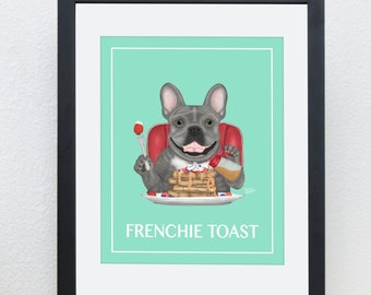 French Bulldog Art Print, Blue, Lilac, Frenchie Kitchen Art, Dog Kitchen Poster, cafe decor, dog lover gift, French Toast, by Laura Bergsma