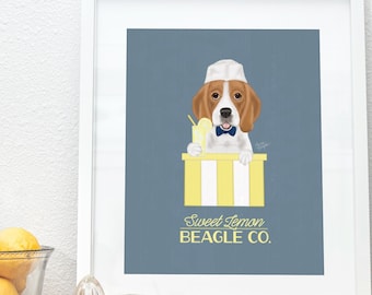 Lemon Beagle Art Print, Beagle owner gifts, dog wall art, lemonade stand decor, by Laura Bergsma