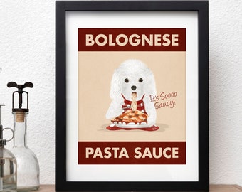 Bolognese Dog Art Print, Funny Dog, Spaghetti, Pasta Poster, Dog Lover Gift, Kitchen Decor, Restaurant Decor, White Dog, by Laura Bergsma