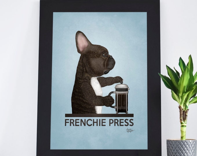 French Bulldog Art Print, brindle frenchie, frenchie kitchen decor, frenchie coffee art, gift for dog lovers, funny dog art, Laura Bergsma
