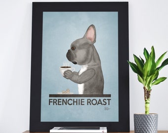 Blue French Bulldog Art Print, French Bulldog Gifts, Dog Coffee Wall Decor, by Laura Bergsma