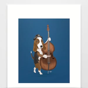 Bassist Basset Hound Art Print, Music Room Decor