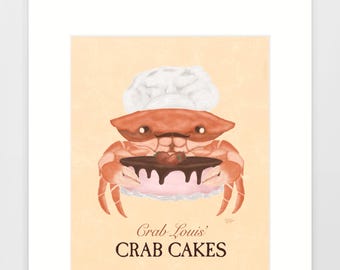 Funny Crab Baker Art Print, Nautical Kitchen Decor
