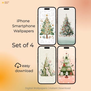 Pode incluir: Conjunto de quatro papéis de parede para smartphone iPhone com designs de árvores de Natal. Cada papel de parede tem um estilo aquarela único, com árvores decoradas com ornamentos, animais e uma estrela. O texto diz "iPhone Smartphone Wallpapers Set of 4 easy download Digital Wallpapers | Instant Download."