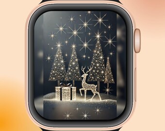 クリスマスのApple Watchの文字盤、ゴールドのトナカイの背景 | ホリデーツリーのデジタルダウンロード