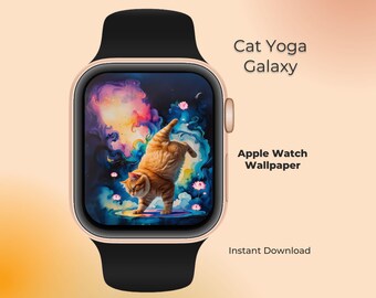 ヨガをする猫のApple Watchフェイス壁紙：コズミックキティのデジタルアート（デジタルダウンロード）