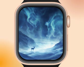 Aurora Apple Watch Face – Winter Forest Deer Digital Download, Snowy Mountain Watch Background