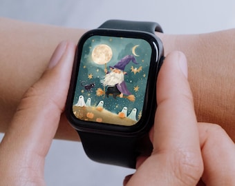 Papier peint effrayant pour Apple Watch d'Halloween | Cadran de montre nain, chat noir et citrouille | Téléchargement numérique PNG