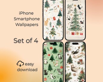 クリスマス猫のiPhone壁紙セット、ホリデー水彩画（デジタルダウンロード）