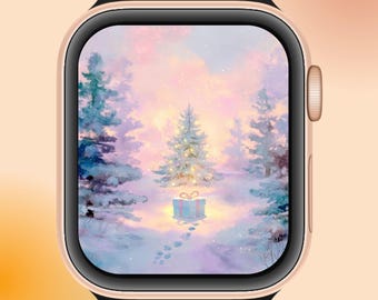 クリスマスツリーウォッチフェイス – 冬の森のギフトボックスデジタル壁紙 | ホリデースマートウォッチの背景