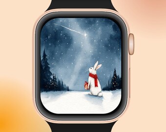 冬のApple Watchフェイス バニーギフト背景 | 雪の夜のデジタルダウンロード