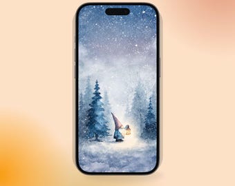 冬のノームのスマホ壁紙 – 心地よい雪の森のiPhone背景、クリスマスの魔法のデジタルダウンロード