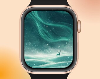 冬のApple Watchの文字盤、オーロラの鹿の背景 | 雪の夜のデジタルダウンロード