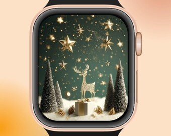 クリスマス鹿のApple Watchフェイス - 金色の森の風景、冬の星空の背景、デジタルダウンロード