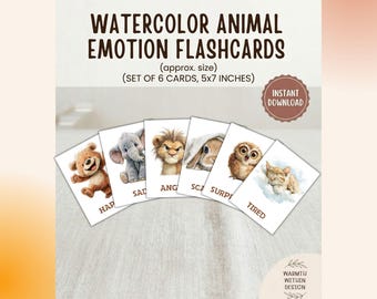 幼児向け感情フラッシュカード（印刷可能）、水彩画風動物の感情カード、就学前学習アクティビティ（PDF）