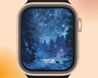 冬の夜空の鹿のApple Watch壁紙 – 魔法の雪の森のウォッチフェイス | デジタルダウンロード