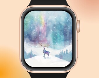 冬のApple Watchの文字盤、トナカイの水彩画の背景 | 雪の夜のデジタルダウンロード