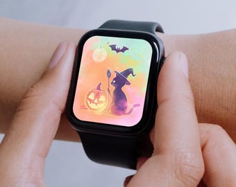 パステルカラーのハロウィン Apple Watch 壁紙: 魔女猫、カボチャ (デジタルダウンロード)