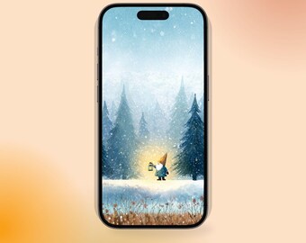 冬のノームのスマホ壁紙 – 心地よい雪の森のiPhone背景、ランタンの輝きのデジタルダウンロード