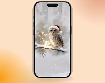 クリスマスのフクロウのスマホ壁紙 - 冬の雪の森のiPhone背景、ホリデーデジタルダウンロード