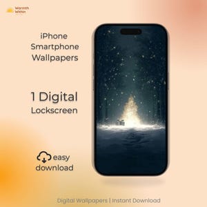 May include: A smartphone shows a winter forest scene with a glowing Christmas tree and a gift box. The image is labelled "iPhone Smartphone Wallpapers" and "1 Digital Lockscreen." The words "easy download" are also visible.