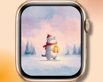 クリスマス Apple Watch フェイス 猫 冬の背景 | 雪の休日 デジタルダウンロード