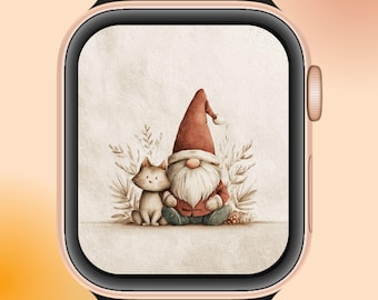 居心地の良いノームと猫のApple Watch壁紙 – 秋のクリスマス（すぐにダウンロード）