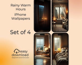 Op de afbeelding: Een set van vier iPhone-achtergronden met gezellige, regenachtige dagscènes. De afbeeldingen tonen warme verlichting, ramen en interieurs. Tekst bevat "Rainy Warm Hours", "iPhone Wallpapers" en "Set of 4".