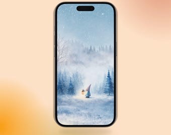 冬のノームのスマホ壁紙 - 雪の森のiPhone背景、ランタンの輝きのデジタルダウンロード