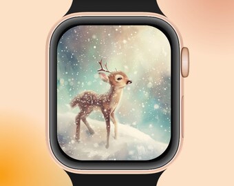 冬のApple Watchの文字盤、鹿と雪の背景 | ソフトグローデジタルダウンロード