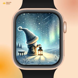 May include: A smartwatch with a gold case and black band displays a winter scene. The screen shows a gnome holding a lantern in a snowy landscape with a starry sky and the text "Warmth Within".