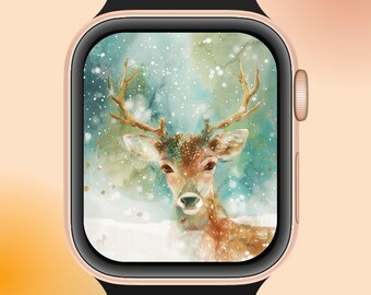 冬の鹿のApple Watch壁紙 – 雪の森のウォッチフェイス | クリスマスデジタルダウンロード