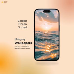 May include: An iPhone displays a golden ocean sunset wallpaper. The phone is black with a screen showing the sun setting over the water. Text on the image reads "Golden Ocean Sunset" and "iPhone Wallpapers."